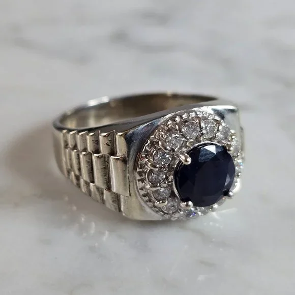 Mens Vintage Estate 14k White Gold Diamond Sapphire Ring 9.3g E7437